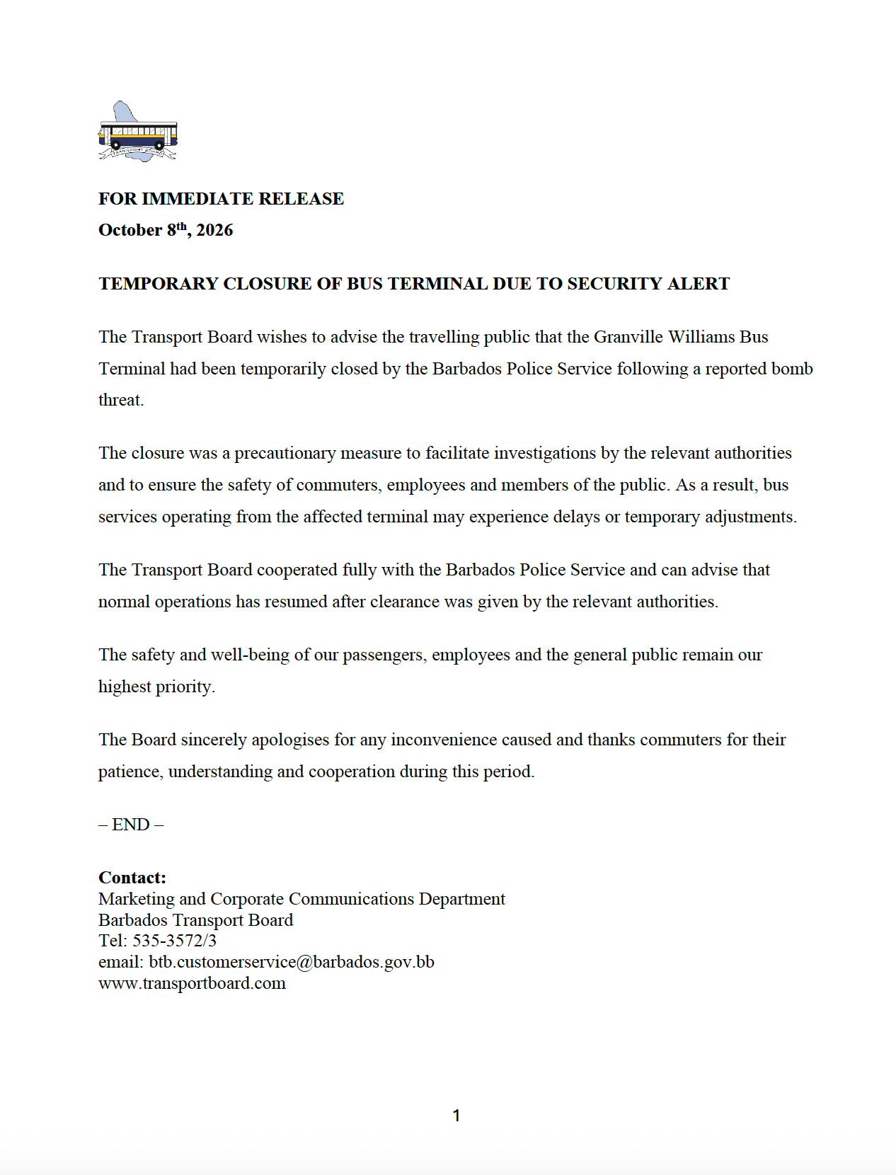 TEMPORARY CLOSURE OF BUS TERMINAL DUE TO SECURITY ALERT
